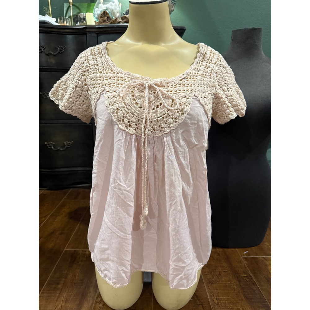 Jack by BB Dakota Pink Crochet Yoke Boho Blouse 100%Cotton Top J14687HD Small